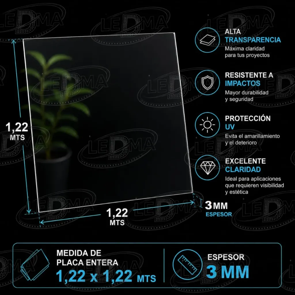 [POLI-COMP-CRIS-3MM-1/2] 3 mm 1/2 Placa Policarbonato compacto Cristal (1.22mts x 1.22mts)
