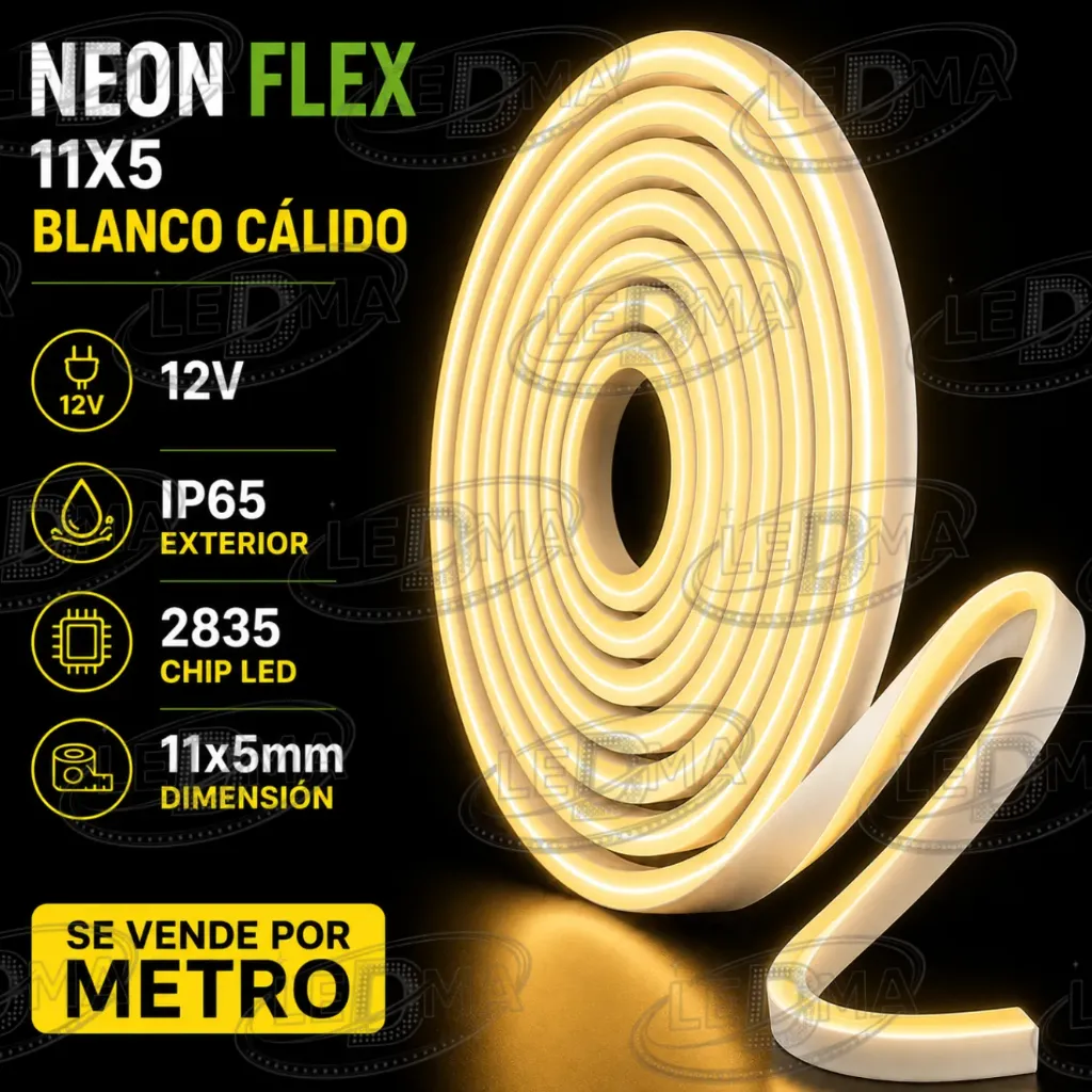 [2835-120LED-IP67-5+11MM 12V] 11x5 Neon Flex - B.CALIDO - 12v - ip65 exterior - 2835  X METRO