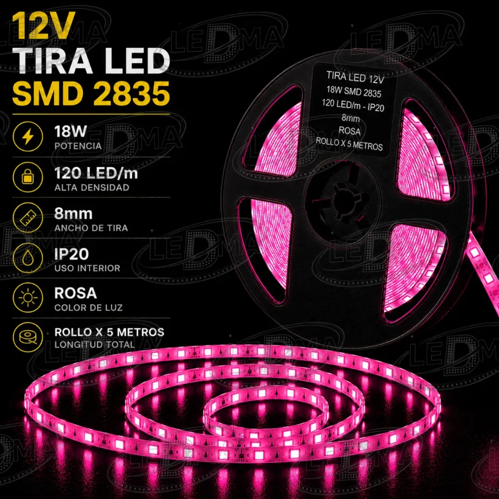 Tira LED 12V - 18w SMD 2835 - 120 LED/m - IP20 interior - 8mm (ROSA) ROLLO X 5METROS