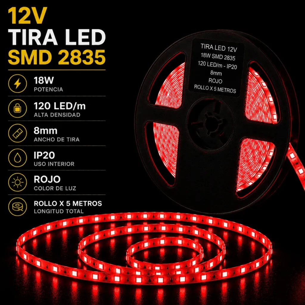 [12v-2835-120led-ip20-8mm ROJO] Tira LED 12V - 18w SMD 2835 - 120 LED/m - IP20 interior - 8mm (ROJO) ROLLO X 5METROS