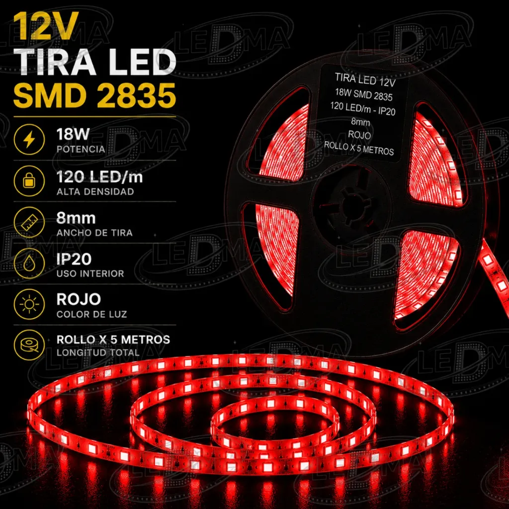 [12v-2835-120led-ip20-8mm ROJO] Tira LED 12V - 18w SMD 2835 - 120 LED/m - IP20 interior - 8mm (ROJO) ROLLO X 5METROS