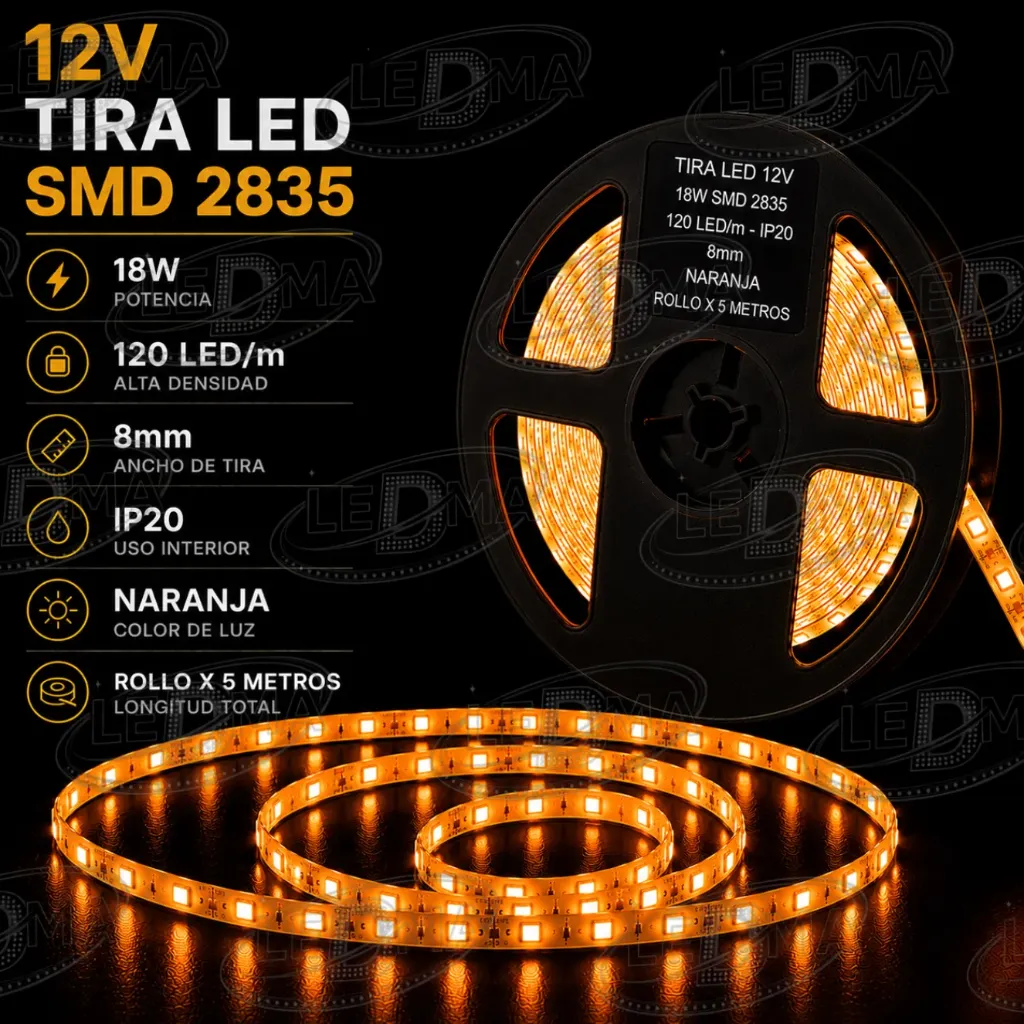[12v-2835-120led-ip20-8mm NARANJA] Tira LED 12V - 18w SMD 2835 - 120 LED/m - IP20 interior - 8mm (NARANJA) ROLLO X 5METROS