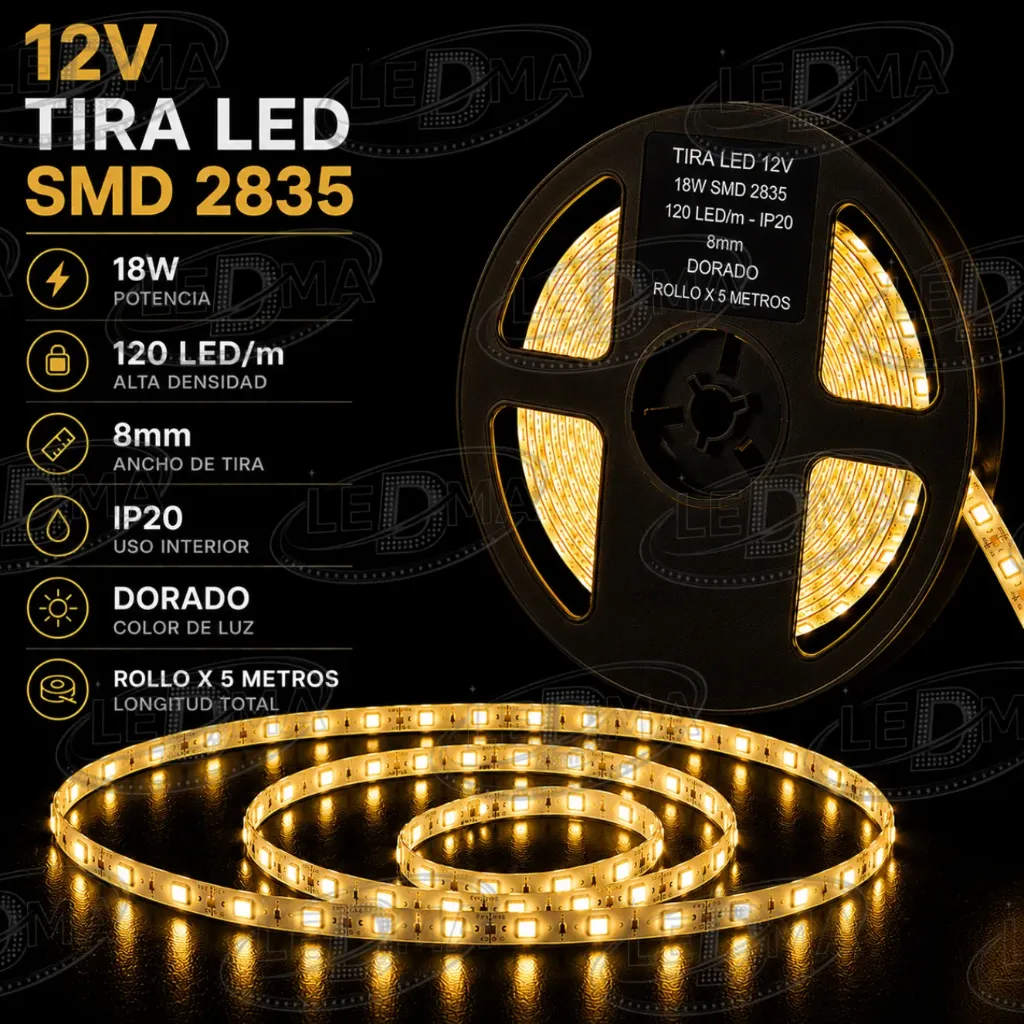 [12v-2835-120led-ip20-8mm DORADO] Tira LED 12V - 18w SMD 2835 - 120 LED/m - IP20 interior - 8mm (DORADO) ROLLO X 5METROS