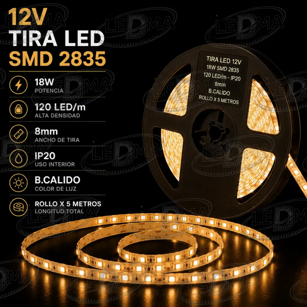 [12v-2835-120led-ip20-8mm CALIDO] Tira LED 12V - 18w SMD 2835 - 120 LED/m - IP20 interior - 8mm (B.CALIDO) ROLLO X 5METROS