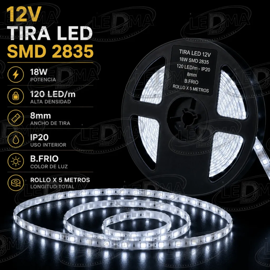 [12v-2835-120led-ip20-8mm B.FRIO] Tira LED 12V - 18w SMD 2835 - 120 LED/m - IP20 interior - 8mm (B.FRIO) ROLLO X 5METROS