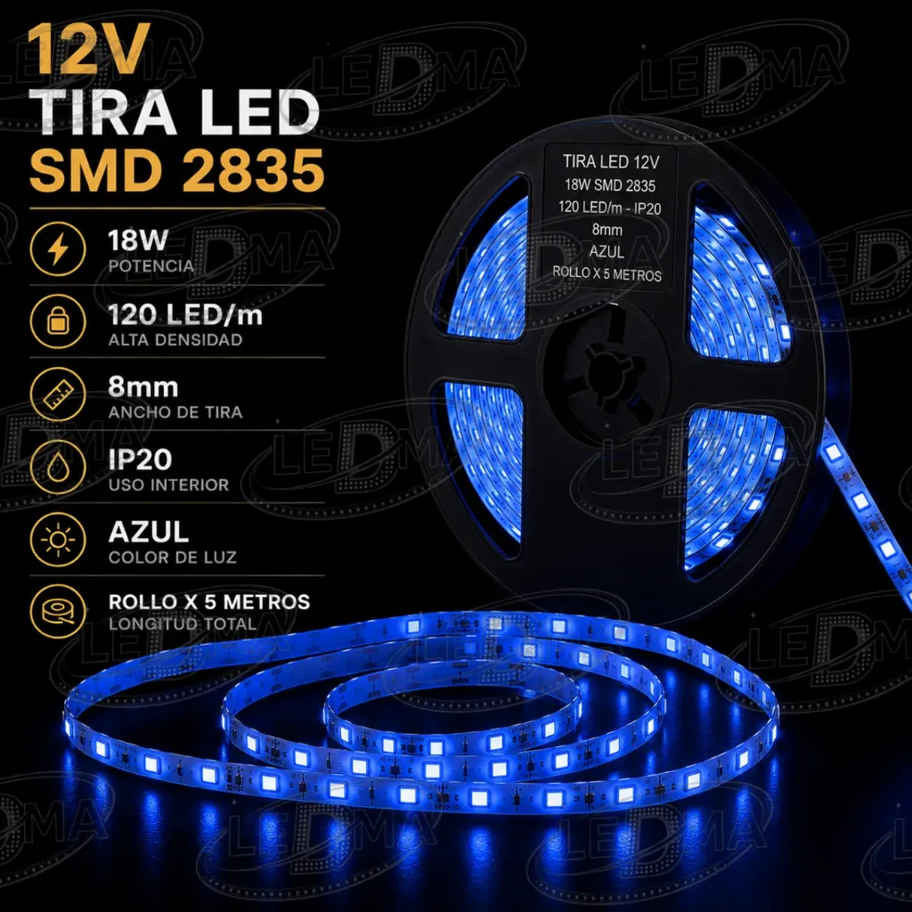 [12v-2835-120led-ip20-8mm AZUL] Tira LED 12V - 18w SMD 2835 - 120 LED/m - IP20 interior - 8mm (AZUL) ROLLO X 5METROS
