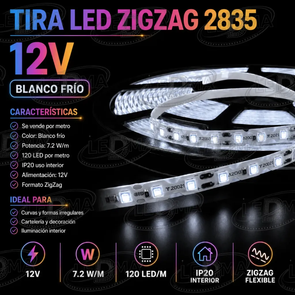 Tira LED ZigZag 2835 - 12V - 7.2W/m - 120led/m - IP20 interior (B.FRIO) X METRO