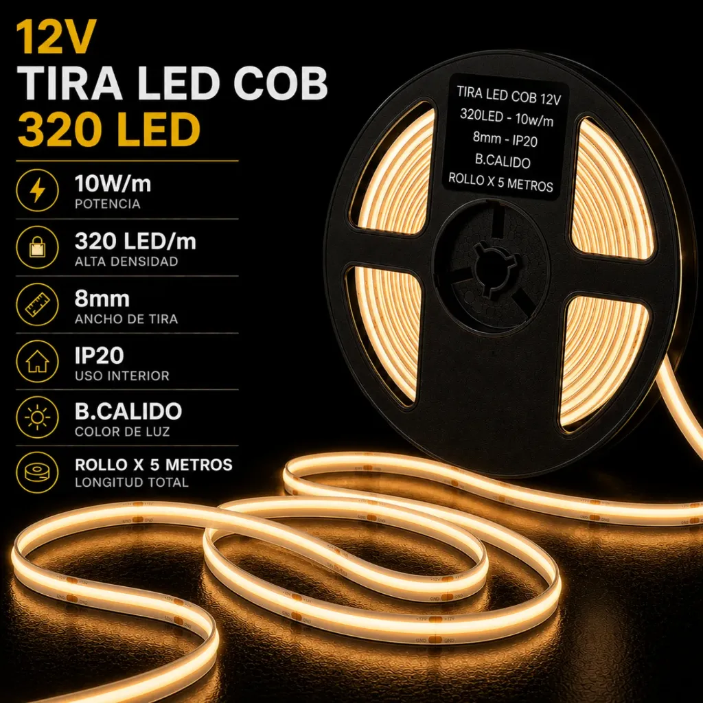 [12v-cob-320led-8mm B.CALIDO] Tira led COB 12V - 320LED - 10w/m - 8mm - IP20 Interior - (B.CALIDO) ROLLO X5 METROS