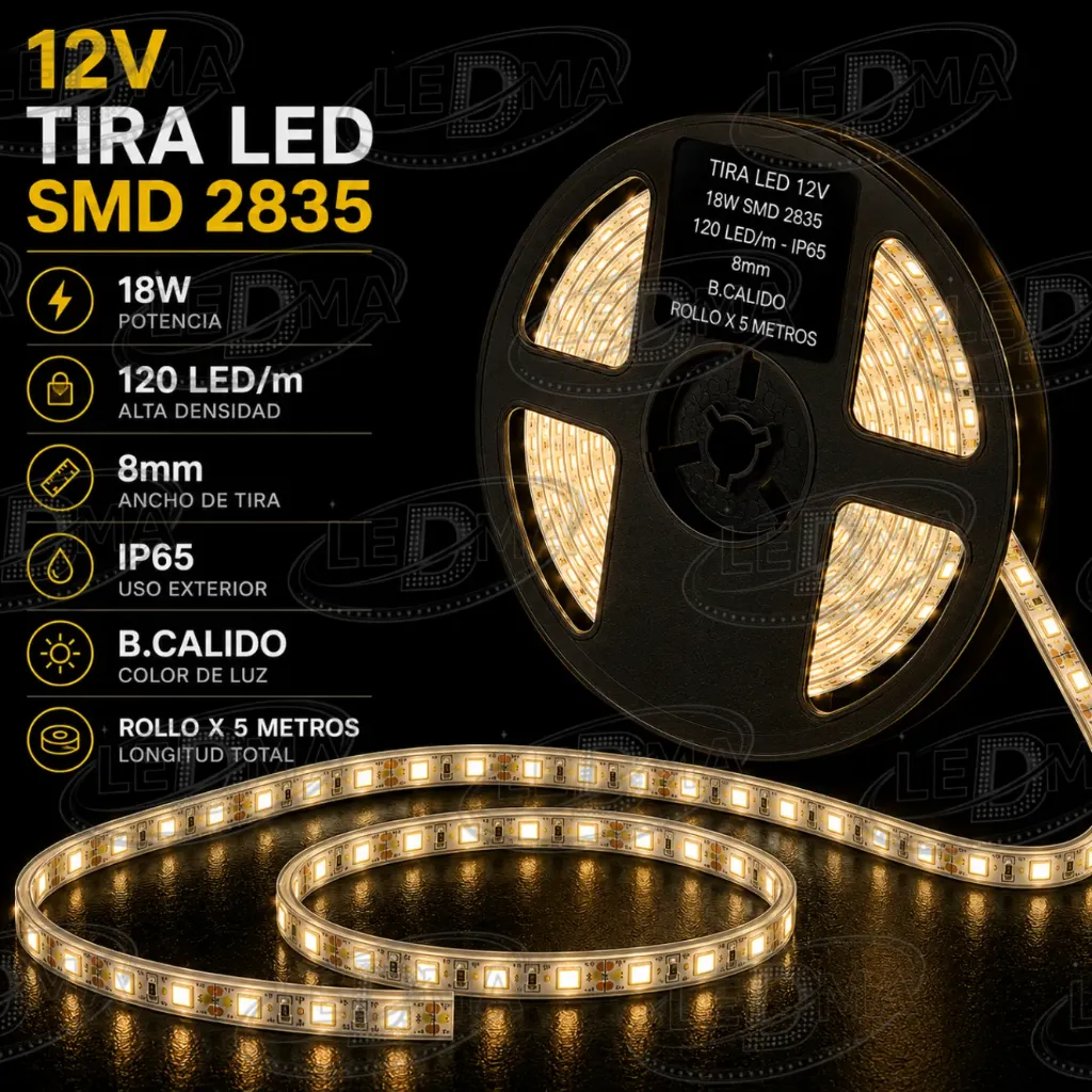 [12V-2835-120LED-IP65-8MM B.CALIDO] Tira LED 12V - 18w SMD 2835 - 120 LED/m - IP65 exterior - 8mm (B.CALIDO) ROLLO X 5METROS