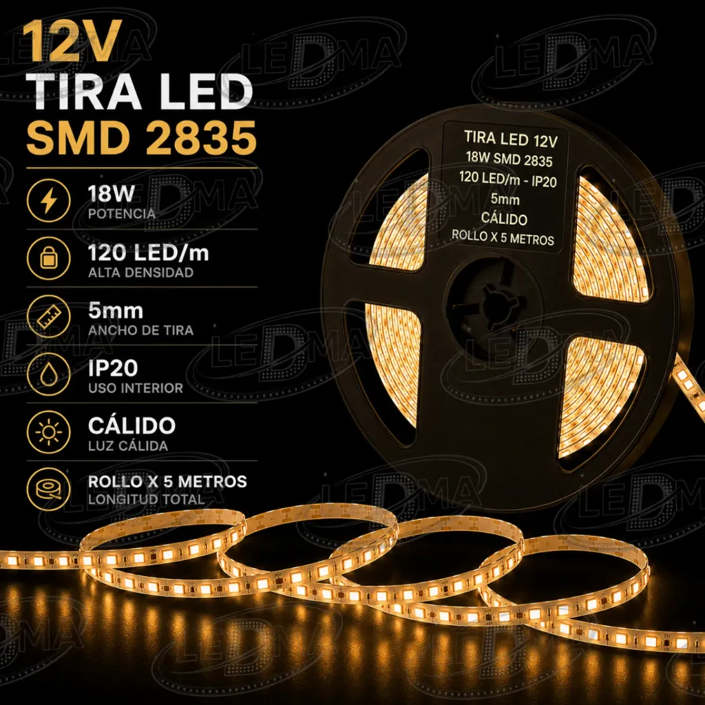 [12v-2835-120led-ip20-5mm CALIDO] Tira LED 12V - 18w SMD 2835 - 120 LED/m - IP20 interior - 5mm (B.CALIDO) ROLLO X 5METROS