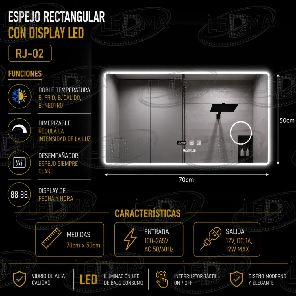 [RJ-02] Espejo 70x50 Rectangular con display LED (RJ-02)