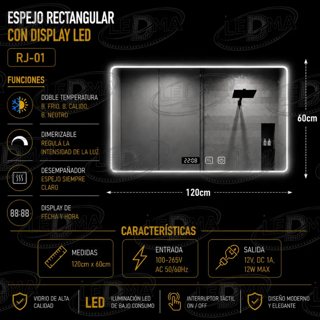 [RJ-01] Espejo 120x60 Rectangular con display LED (RJ-01)