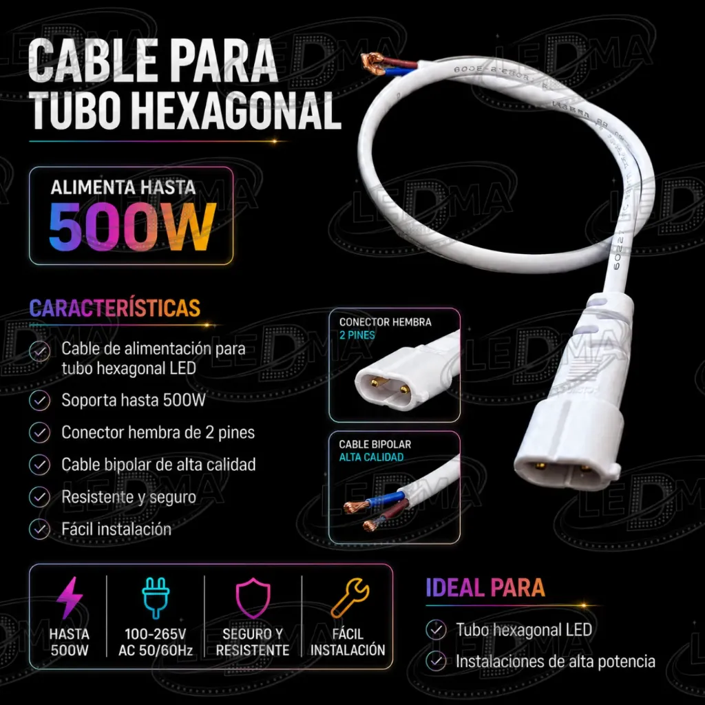 [C-01] Cable de Alimentación para Tubo Hexagonal LED – Hasta 500W